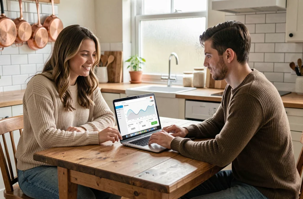 Couple examinant les données de leur assurance auto connectée sur un ordinateur portable à la maison