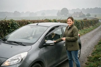 Femme en zone rurale montant dans une voiture de covoiturage sur une route de campagne française