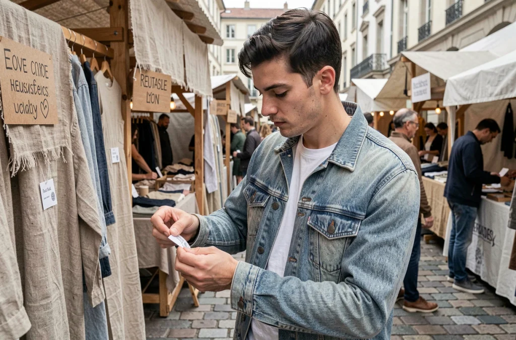 Jeune créateur inspectant une étiquette de vêtement éthique sur un marché de mode durable à Lyon