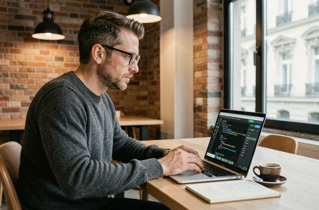 Développeur français spécialisé en intelligence artificielle travaillant seul dans un espace de coworking sur un projet de machine learning