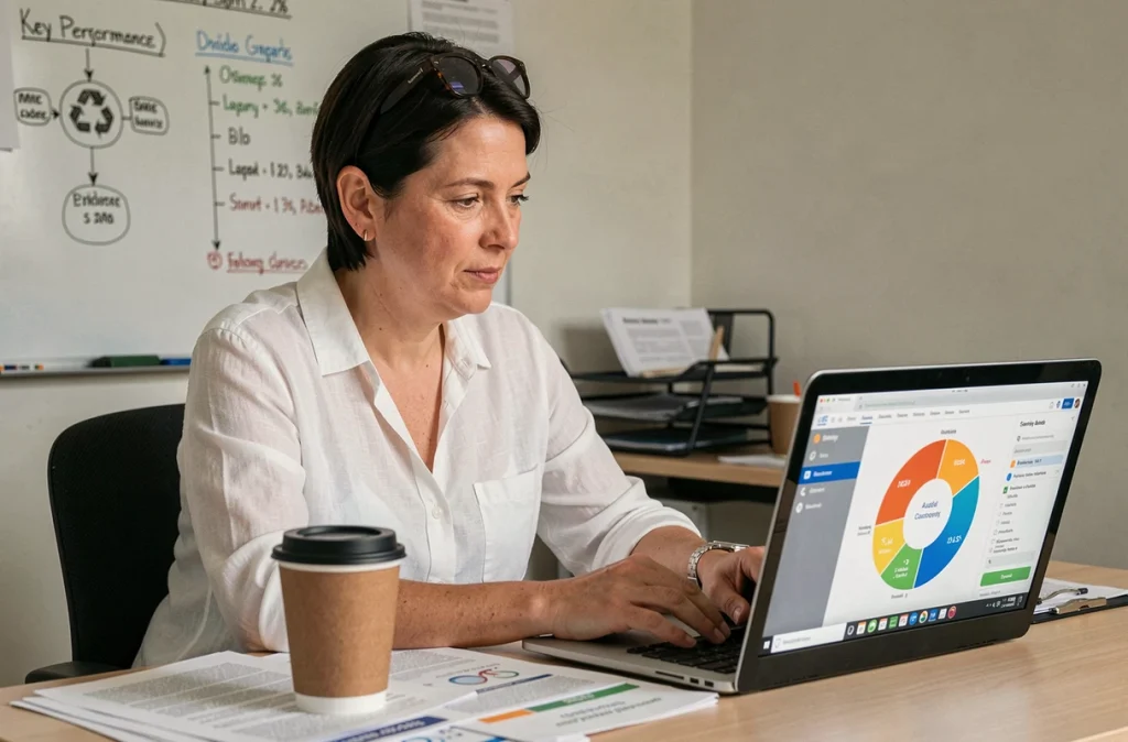 Dirigeante de PME analysant un rapport d'audit sur l'économie circulaire dans son bureau régional