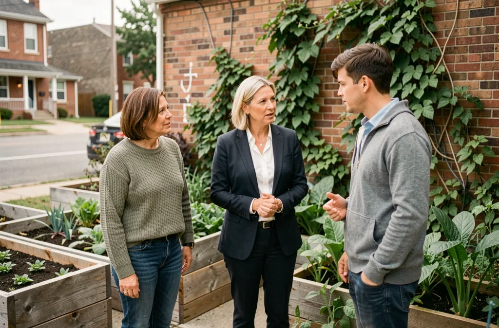 Dirigeants d'entreprise locaux visitant un jardin urbain communautaire soutenu par leur programme de mécénat solidaire