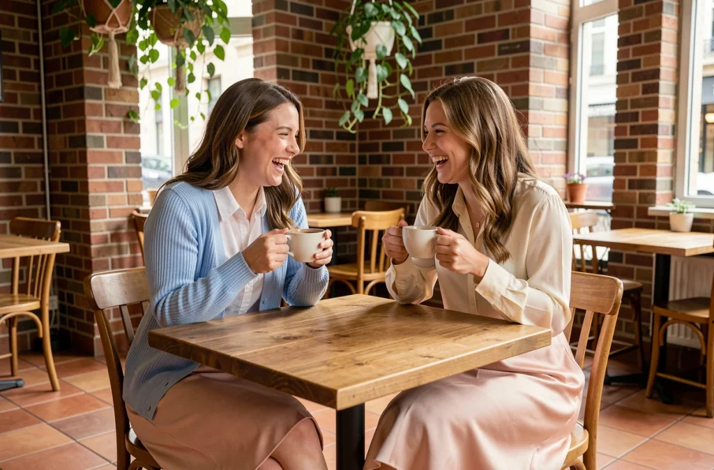 Deux femmes en tenues pastel bleu et pêche attablées dans un café cosy, ambiance douce et conviviale