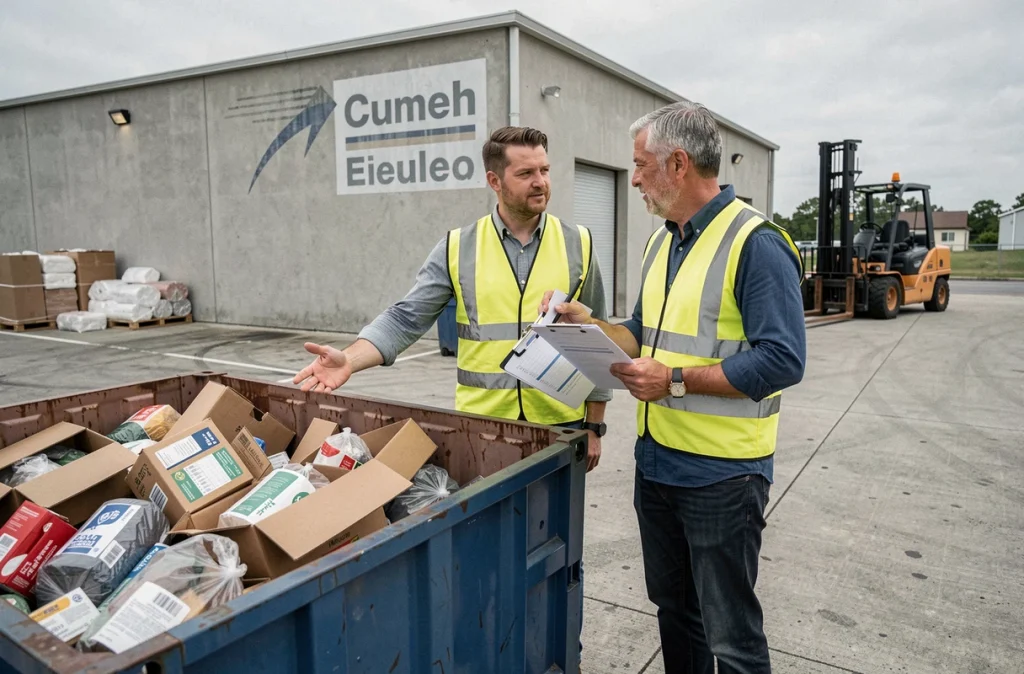 Deux employés de PME triant des déchets d'emballage sur un quai de chargement dans le cadre d'une démarche d'économie circulaire