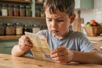 Jeune garçon lisant attentivement l'étiquette d'un aliment pour vérifier les allergènes, assis dans une cuisine familiale