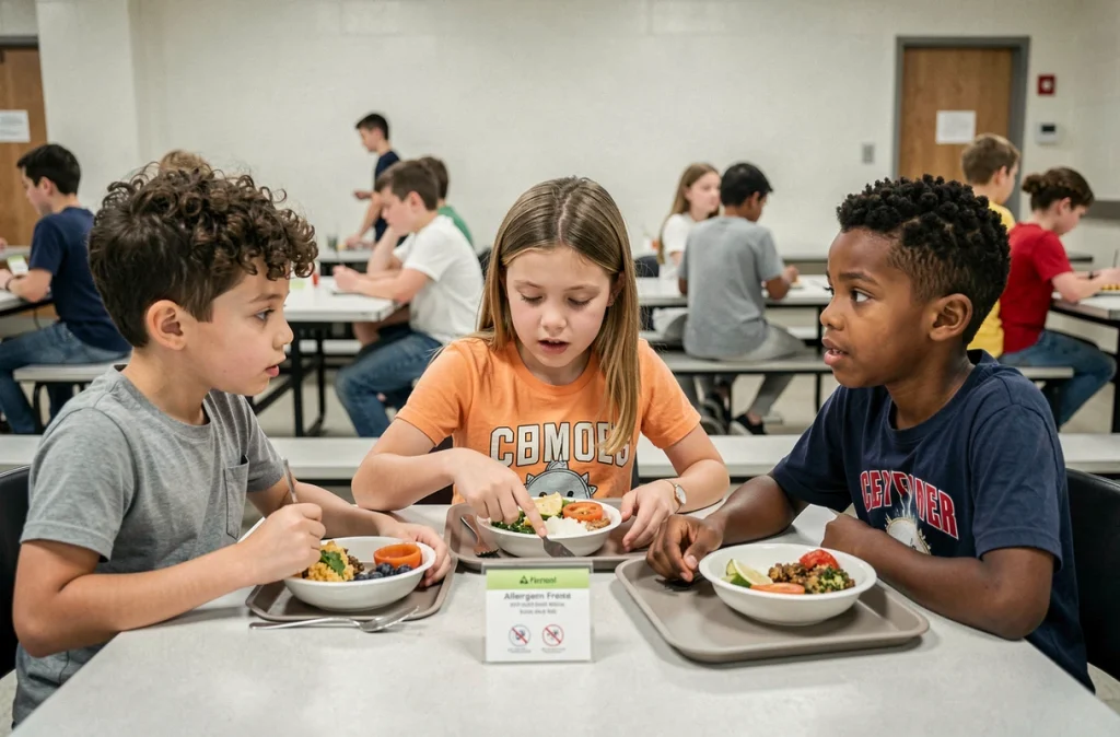 Groupe d'enfants à la cantine scolaire examinant les étiquettes d'allergènes sur leurs plateaux repas