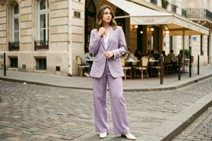 Femme portant un ensemble tailleur pastel lavande en lin dans une rue pavée parisienne, look quotidien chic et doux