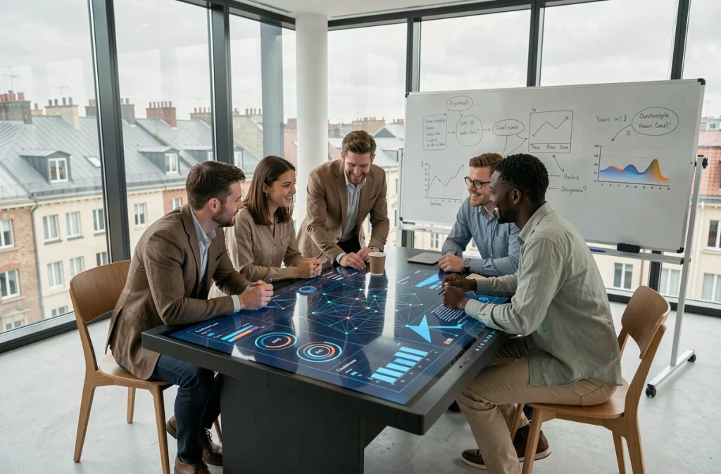 Équipe de fondateurs de start-up française collaborant autour d'une table interactive avec des visualisations de données en intelligence artificielle