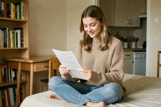 Étudiante examinant un contrat de location dans un appartement meublé cosy et bien équipé
