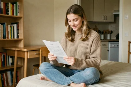 Étudiante examinant un contrat de location dans un appartement meublé cosy et bien équipé
