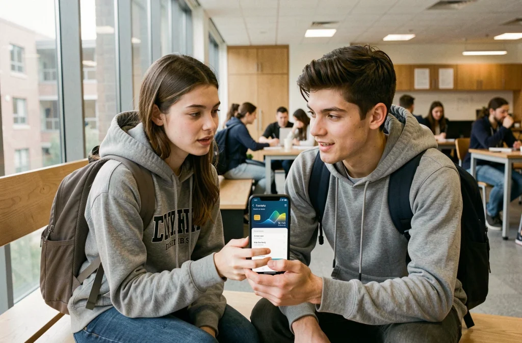 Deux étudiants consultant une application de carte bancaire virtuelle sur un campus universitaire