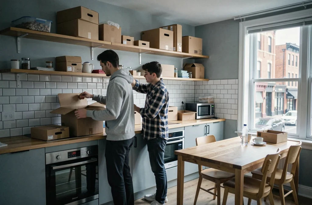 Deux étudiants emménageant dans un appartement meublé et rangeant leurs affaires dans la cuisine