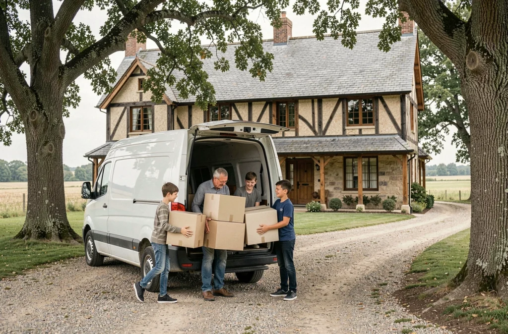 Famille déchargeant des cartons d'un camion de déménagement devant une maison rurale avec poutres apparentes