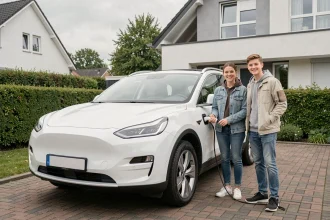 Une famille avec deux ados charge son SUV électrique blanc dans une allée pavillonnaire lors d'un week-end ensoleillé