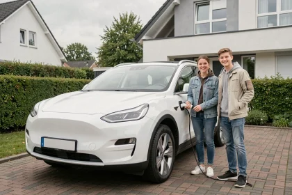 Une famille avec deux ados charge son SUV électrique blanc dans une allée pavillonnaire lors d'un week-end ensoleillé