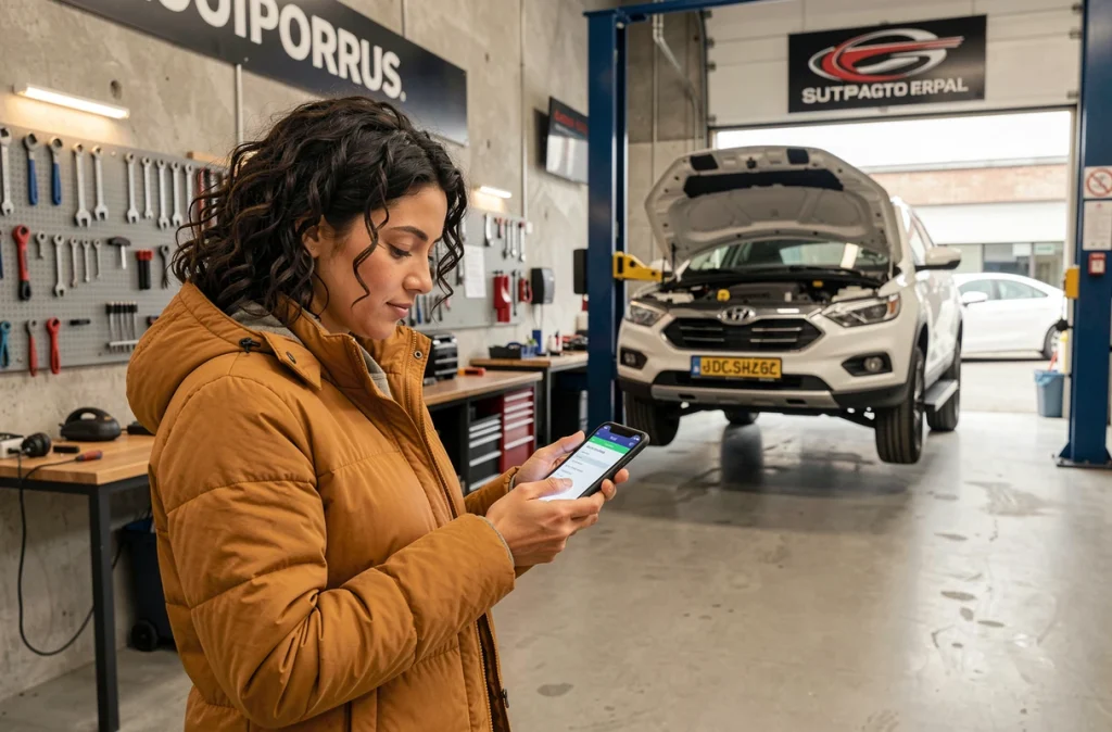 Femme utilisant une application de planification d'entretien automobile dans la salle d'attente d'un garage moderne