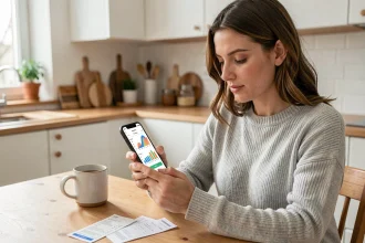 Femme consultant une application de gestion de budget sur son smartphone à une table de cuisine en bois