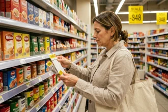 Une femme compares les prix dans un supermarché français face à l'inflation