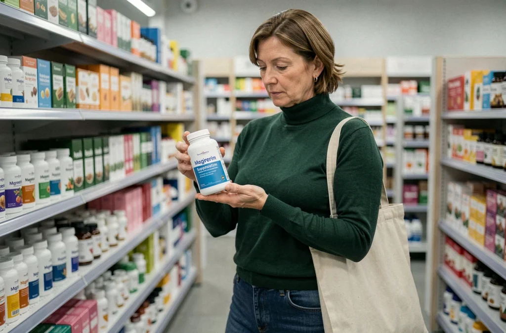 Femme lisant l'étiquette d'un complément alimentaire en magnésium en pharmacie