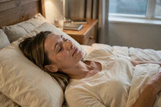 Femme endormie paisiblement dans une chambre apaisante, illustrant le rôle réparateur du sommeil dans la gestion du stress chronique