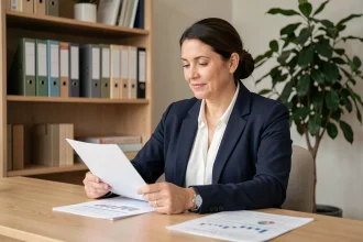 Une femme dans la quarantaine examine des documents d'assurance-vie à son bureau à domicile, illustrant l'engouement des épargnants pour l'assurance-vie en 2024