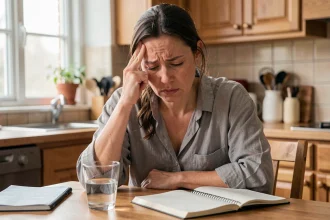 Femme fatiguée tenant sa tempe, signe possible d'une carence en magnésium
