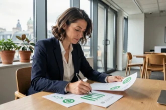 Femme financière analysant un portefeuille d'investissement durable dans un bureau moderne à Paris
