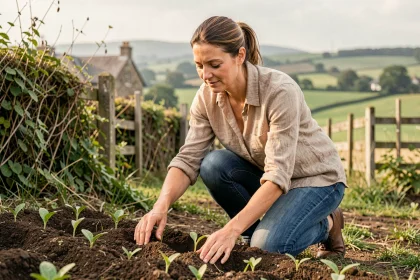 Femme jardinant devant une ferme en pierre à la campagne après un déménagement depuis la ville
