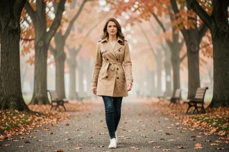 Femme marchant seule dans un parc urbain en automne, entourée de feuilles colorées, illustrant les bienfaits de la marche quotidienne sur la santé mentale