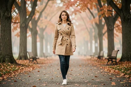 Femme marchant seule dans un parc urbain en automne, entourée de feuilles colorées, illustrant les bienfaits de la marche quotidienne sur la santé mentale