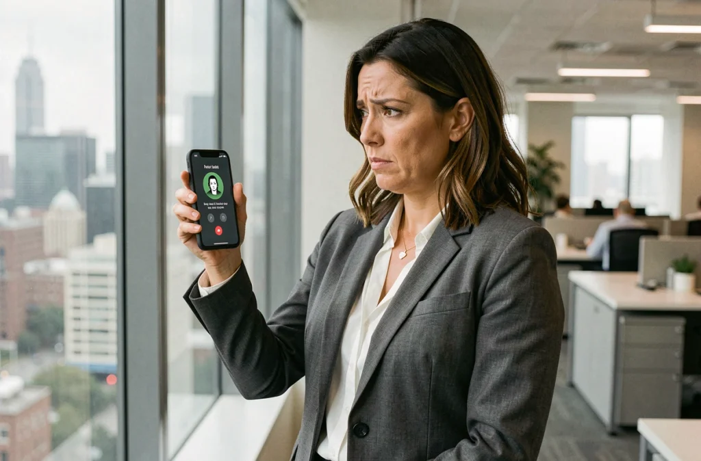 Femme en bureau tenant un smartphone avec un appel de numéro inconnu masqué
