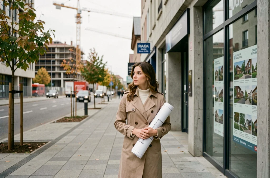 Femme primo-accédante consultant des annonces immobilières dans un quartier en pleine transformation urbaine