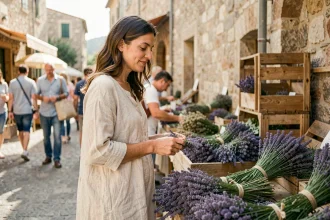 Femme en robe en lin écru à un marché provençal entouré de lavande, collection printemps-été