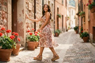 Femme portant des sandales à plateforme en liège marchant sur une ruelle pavée méditerranéenne ensoleillée