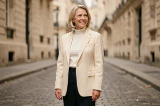 Femme élégante d'une soixantaine d'années portant une veste oversize crème dans une rue pavée parisienne