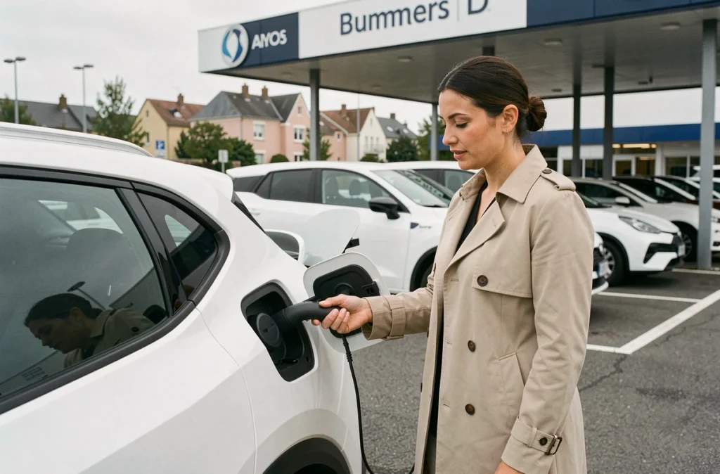 Femme inspectant la prise de recharge d'un SUV hybride blanc dans le parking d'une concession française