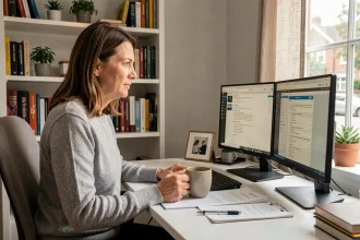Femme en télétravail à son bureau à domicile avec double écran dans un espace de travail aménagé à la maison