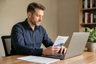 Homme consultant ses documents fiscaux liés aux cryptomonnaies sur un bureau à domicile avec un ordinateur portable affichant des graphiques de cours