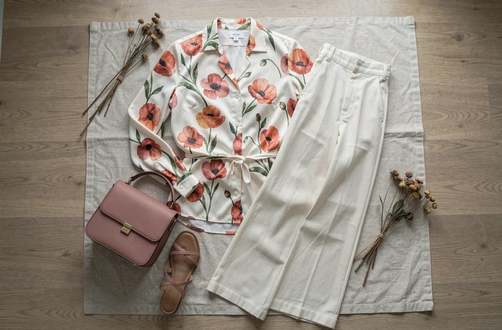 Flat lay mode printanier avec chemisier à imprimé floral en soie, pantalon ivoire et accessoires sur lin brut