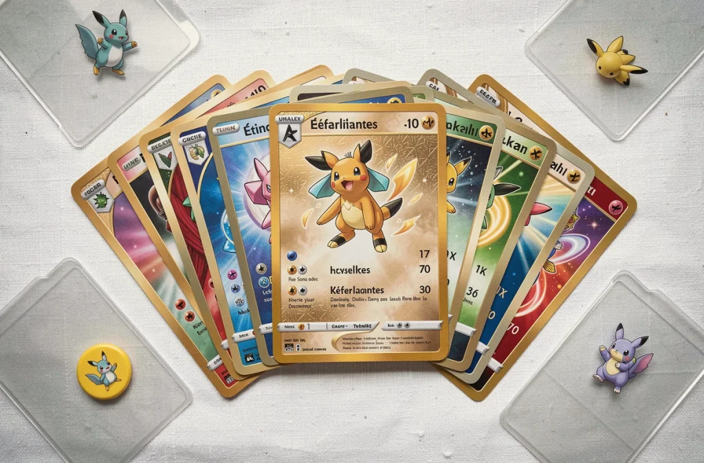 Flat lay de cartes Pikachu ex Étincelles Déferlantes incluant les numéros 219 et 238 sur tissu lin blanc avec accessoires de collection