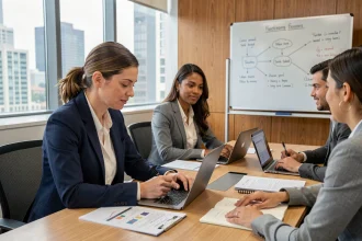 Salariée prenant des notes lors d'une session de formation continue en entreprise avec des collègues autour d'une table moderne