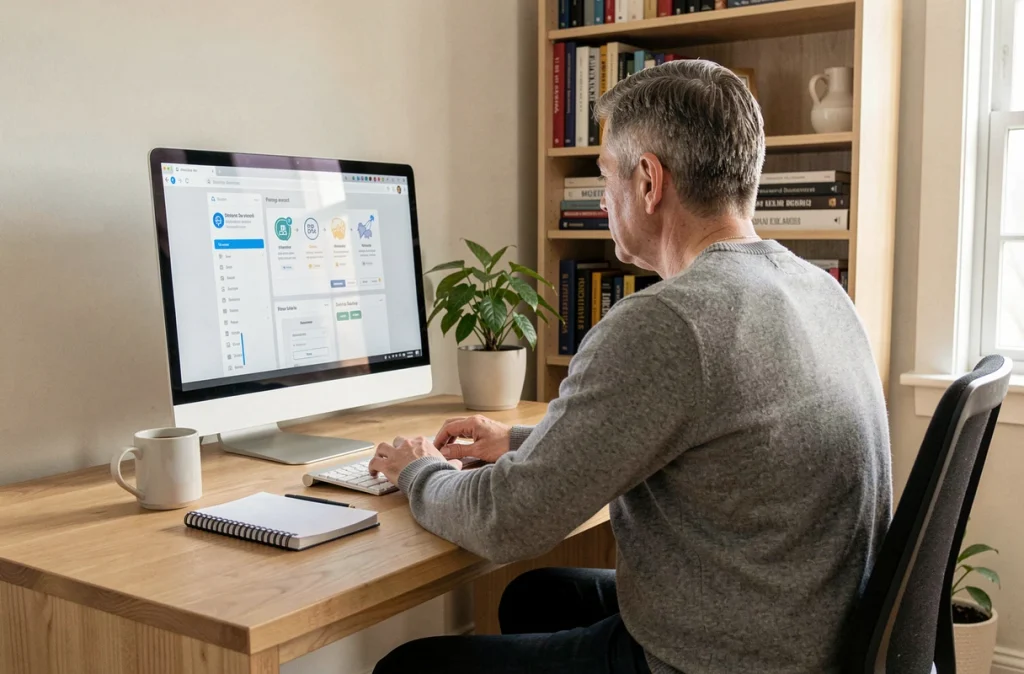 Homme en télétravail suivant une formation en ligne sur son ordinateur dans un bureau à domicile calme