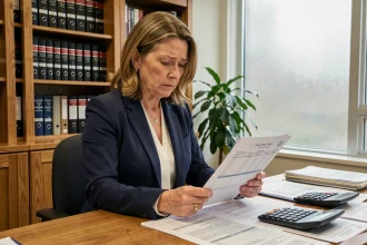 Femme professionnelle analysant des frais de notaire dans un bureau officiel lors d'un achat immobilier