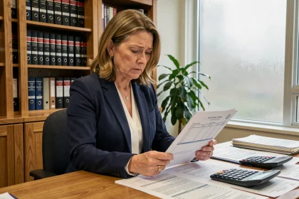 Femme professionnelle analysant des frais de notaire dans un bureau officiel lors d'un achat immobilier
