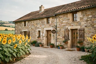 Gîte rural en pierre dans la campagne française entouré de champs de tournesols, location saisonnière hors des grandes villes
