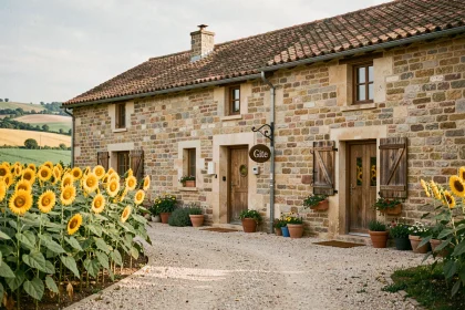 Gîte rural en pierre dans la campagne française entouré de champs de tournesols, location saisonnière hors des grandes villes
