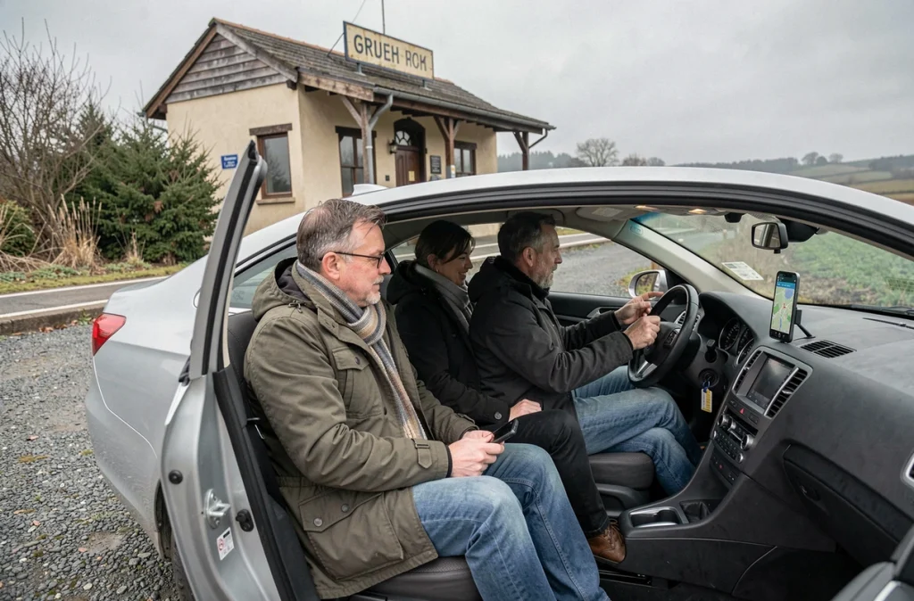 Groupe de covoitureurs partageant un trajet depuis une petite gare rurale en France