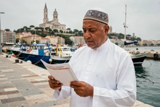 Homme consultant un tableau des horaires de prière sur le Vieux-Port de Marseille avec la basilique Notre-Dame de la Garde en arrière-plan