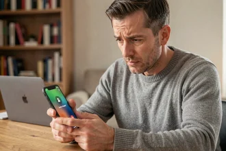 Homme perplexe regardant son téléphone affichant un appel masqué sur son bureau à domicile
