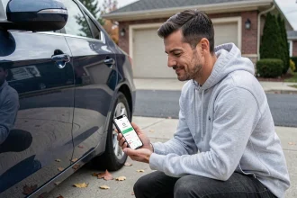 Homme consultant une application d'entretien auto sur smartphone à côté de sa voiture dans une allée résidentielle